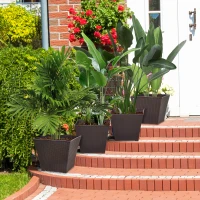 Outsunny Outdoor Planter Pack of 4, Rattan Effect Plant Pots Indoor Stackable Design, for Garden Patio Porch Deck, Brown(m-2)