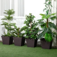 Outsunny Outdoor Planter Pack of 4, Rattan Effect Plant Pots Indoor Stackable Design, for Garden Patio Porch Deck, Brown(m-10)