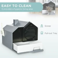 PawHut Hooded Cat Litter Tray with Scoop, Cat Litter Box with Drawer Pan, Handle, Deodorants, Hut Design, Front Entrance, 47 x 45 x 42cm - Grey(m-5)