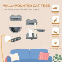 PawHut 4PCs Wall-Mounted Cat Shelves w/ Scratching Post, Hammock, Nest - Grey(m-4)