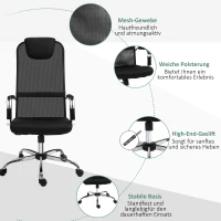 Vinsetto Bürostuhl mit Wippfunktion Kopfstütze Schreibtischstuhl höhenverstellbarer Schaumstoff Nylon Stahl Mesh schwarz 65,5 x 62,5 x 117-127 cm(m-7)