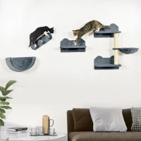 PawHut 4PCs Wall-Mounted Cat Shelves w/ Scratching Post, Hammock, Nest - Grey(m-2)