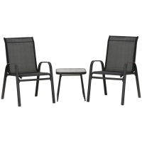 Outsunny 3 Pieces Outdoor Bistro Set - Patio Stackable Armchairs with Breathable Mesh Fabric and SPC Board Coffee Table, Black