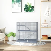 Pawhut 3-Level Metal Small Animal Cage Bunny Pet Hutch Ferret Platform Feeding Habitat Easy Clip Base Ladder Grey(m-10)