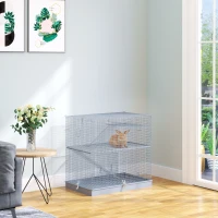 Pawhut 3-Level Metal Small Animal Cage Bunny Pet Hutch Ferret Platform Feeding Habitat Easy Clip Base Ladder Grey(m-2)