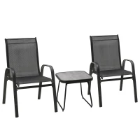 Outsunny 3 Pieces Outdoor Bistro Set - Patio Stackable Armchairs with Breathable Mesh Fabric and SPC Board Coffee Table, Black(m-11)