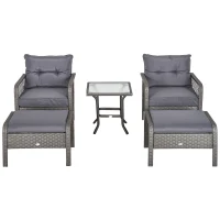 Outsunny 5-Piece Outdoor PE Rattan Wicker Patio All Weather Conversation Sofa Furniture Set with 2 Cushioned Armchair, 2 Ottomans and Coffee Table, Grey(m-1)
