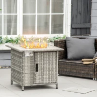 Outsunny Outdoor PE Rattan Gas Fire Pit Table, Patio Square Propane Heater with Rain Cover, Glass Windscreen, and Lava Stone, 50,000 BTU, Grey(m-2)