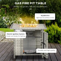 Outsunny Outdoor PE Rattan Gas Fire Pit Table, Patio Square Propane Heater with Rain Cover, Glass Windscreen, and Lava Stone, 50,000 BTU, Grey(m-4)