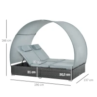 Outsunny Double Rattan Wicker Adjustable Chaise Lounge Chair w/ Removable Canopy and Cushions Grey(m-3)