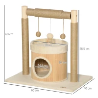 PawHut Arbre à chat niche maison pour chat cabane chat griffoirs grattoir jute jeu boules suspendues plateforme ronde dim. 60L x 40l x 60H cm - beige(m-3)