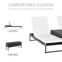 Outsunny 3 Piece Rattan Wicker Adjustable Chaise Lounge Chair with Cushions Set- Black/Cream White(m-8)