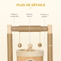 PawHut Arbre à chat niche maison pour chat cabane chat griffoirs grattoir jute jeu boules suspendues plateforme ronde dim. 60L x 40l x 60H cm - beige(m-5)