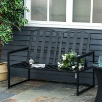 Outsunny Garden Bench Loveseat 2 Seat for Outdoor Park, Yard, Steel Frame, Decorative Slatted Design, Black(m-13)