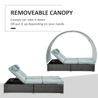 Outsunny Double Rattan Wicker Adjustable Chaise Lounge Chair w/ Removable Canopy and Cushions Grey(m-6)