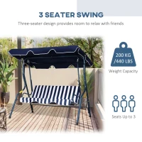 Outsunny 3 Seater Canopy Swing Chair Outdoor Garden Bench with Adjustable Canopy and Metal Frame - Blue Stripes(m-6)