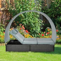 Outsunny Double Rattan Wicker Adjustable Chaise Lounge Chair w/ Removable Canopy and Cushions Grey(m-11)