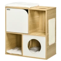 PawHut Maison pour chat design - niche chat panier chat - 3 coussins + grattoir sisal inclus - panneaux aspect chêne clair(m-1)