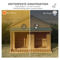 PawHut Hundehütte aus Massivholz isoliertes Hundehaus mit 2 Räume Asphaltdach Outdoor Hütte mit Terrasse Gelb+Grün 127 x 110 x 109 cm(m-5)