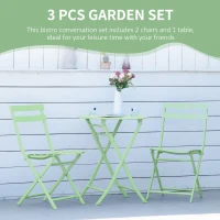Outsunny 3 Pieces Patio Bistro Conversation Coffee Set Foldable Garden Table & Chair for Outdoor Yard Porch Poolside Balcony Green(m-7)