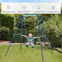Outsunny Metal Swing Set with Durable Rope Heavy Duty A-Frame Stand Backyard Outdoor Playset for Kids Fun 3-6 Years Old Blue(m-5)