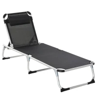 Outsunny Foldable Reclining Sun Lounger Lounge Chair Camping Bed Cot with Pillow 5-Level Adjustable Back Aluminium Frame for Patio Garden Beach Pool Black(m-1)