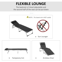 Outsunny Foldable Reclining Sun Lounger Lounge Chair Camping Bed Cot with Pillow 5-Level Adjustable Back Aluminium Frame for Patio Garden Beach Pool Black(m-6)