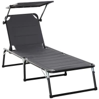 Outsunny Foldable Reclining Sun Lounger with Canopy Lounge Chair Camping Folding Bed Cot 5-Position Adjustable Back for Patio Garden Beach Pool Grey(m-1)