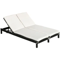 Outsunny 2 Person Rattan Wicker Adjustable Chaise Lounge Chair with Cushions Black/Cream White(m-1)