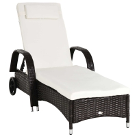 Outsunny Garden Rattan Furniture Single Sun Lounger Recliner Bed Reclining Chair Patio Outdoor Wicker Weave Adjustable Headrest with Fire Retardant Cushion - Brown