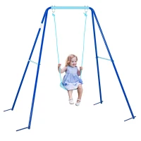 Outsunny Metal Swing Set with Durable Rope Heavy Duty A-Frame Stand Backyard Outdoor Playset for Kids Fun 3-6 Years Old Blue(m-1)