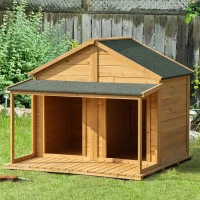 PawHut Hundehütte aus Massivholz isoliertes Hundehaus mit 2 Räume Asphaltdach Outdoor Hütte mit Terrasse Gelb+Grün 127 x 110 x 109 cm(m-2)