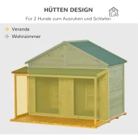 PawHut Hundehütte aus Massivholz isoliertes Hundehaus mit 2 Räume Asphaltdach Outdoor Hütte mit Terrasse Gelb+Grün 127 x 110 x 109 cm(m-4)