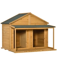 PawHut Hundehütte aus Massivholz isoliertes Hundehaus mit 2 Räume Asphaltdach Outdoor Hütte mit Terrasse Gelb+Grün 127 x 110 x 109 cm(m-1)
