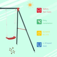 Outsunny Metal Swing Set, 2 Seater with Adjustable Rope Heavy Duty A-Frame Stand Backyard Outdoor Playset for Kids Fun 3-8 Years Old, Green and Red(m-7)