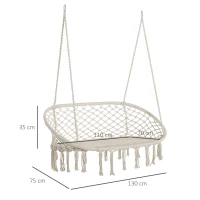 Outsunny Hanging Hammock Chair Cotton Rope Porch Swing with Metal Frame and Cushion, Large Macrame Seat for Patio, Garden, Bedroom, Living Room, Cream White(m-3)