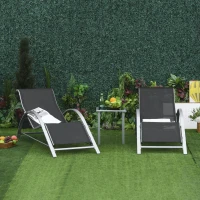 Outsunny 3 Pieces Sun Lounger Chair Set - Metal Frame Garden Outdoor Sunbathing Chair with Side Table and Armrest, Black(m-11)