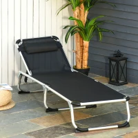 Outsunny Foldable Reclining Sun Lounger Lounge Chair Camping Bed Cot with Pillow 5-Level Adjustable Back Aluminium Frame for Patio Garden Beach Pool Black(m-2)