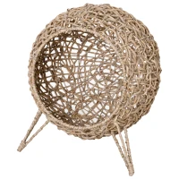 PawHut Wicker Cat Bed, Ball-Shaped Rattan Elevated Cat Basket with Three Tripod Legs, Cushion - Natural Wood Finish(m-7)