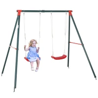 Outsunny Metal Swing Set, 2 Seater with Adjustable Rope Heavy Duty A-Frame Stand Backyard Outdoor Playset for Kids Fun 3-8 Years Old, Green and Red(m-1)