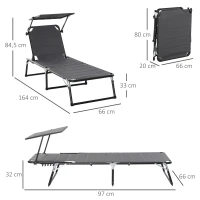 Outsunny Foldable Reclining Sun Lounger with Canopy Lounge Chair Camping Folding Bed Cot 5-Position Adjustable Back for Patio Garden Beach Pool Grey(m-3)