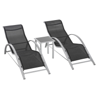 Outsunny 3 Pieces Sun Lounger Chair Set - Metal Frame Garden Outdoor Sunbathing Chair with Side Table and Armrest, Black