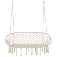 Outsunny Hanging Hammock Chair Cotton Rope Porch Swing with Metal Frame and Cushion, Large Macrame Seat for Patio, Garden, Bedroom, Living Room, Cream White(m-1)