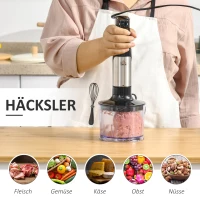 HOMCOM Stabmixer 1000W 4 in 1 Stabmixer mit Messbecher Schneebesen Schüssel zum Zerkleinern Mixer für Babynahrung Säfte Saucen gehacktes Gemüse ABS Rostfreier Metall Silber+Schwarz 10 x 6,5 x 41 cm(m-7)