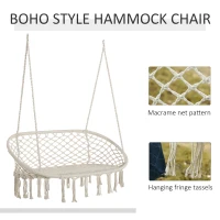 Outsunny Hanging Hammock Chair Cotton Rope Porch Swing with Metal Frame and Cushion, Large Macrame Seat for Patio, Garden, Bedroom, Living Room, Cream White(m-4)