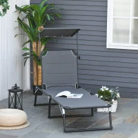 Outsunny Foldable Reclining Sun Lounger with Canopy Lounge Chair Camping Folding Bed Cot 5-Position Adjustable Back for Patio Garden Beach Pool Grey(m-2)