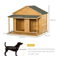 PawHut Hundehütte aus Massivholz isoliertes Hundehaus mit 2 Räume Asphaltdach Outdoor Hütte mit Terrasse Gelb+Grün 127 x 110 x 109 cm(m-3)
