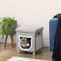PawHut Cat House Cave, Cat Bed Cube with Scratching Pad, Soft Detachable & Washable Cushion, Toy Ball, for Indoor Kittens, Grey(m-2)
