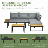 Outsunny Conjunto Móveis de Jardim de Alumínio 3 Peças Inclui 2 Sofás com Almofadas Mesa de Centro e Painel Lateral Cinza e Madeira(m-4)