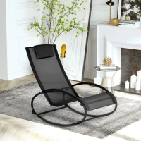 Outsunny Rocking Chair Sun Lounger Recliner Rocker Texteline Fabric Patio Garden Relaxer with Pillow, Black(m-9)